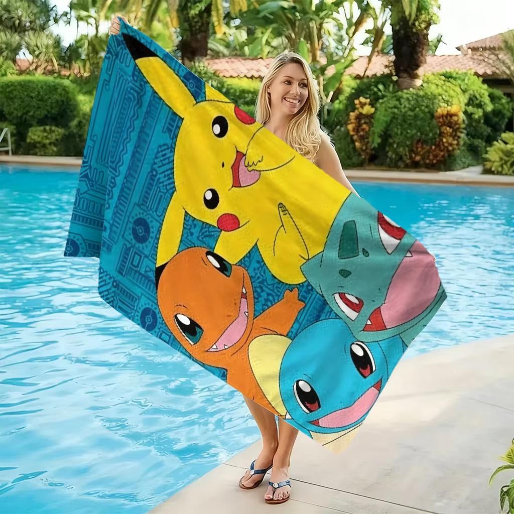 Sky Pokemon Beach Towel, Microfiber Quick Dry Breathable Large Size,Vacation Bathroom,Pikachu & Starters Print Towel for Kids