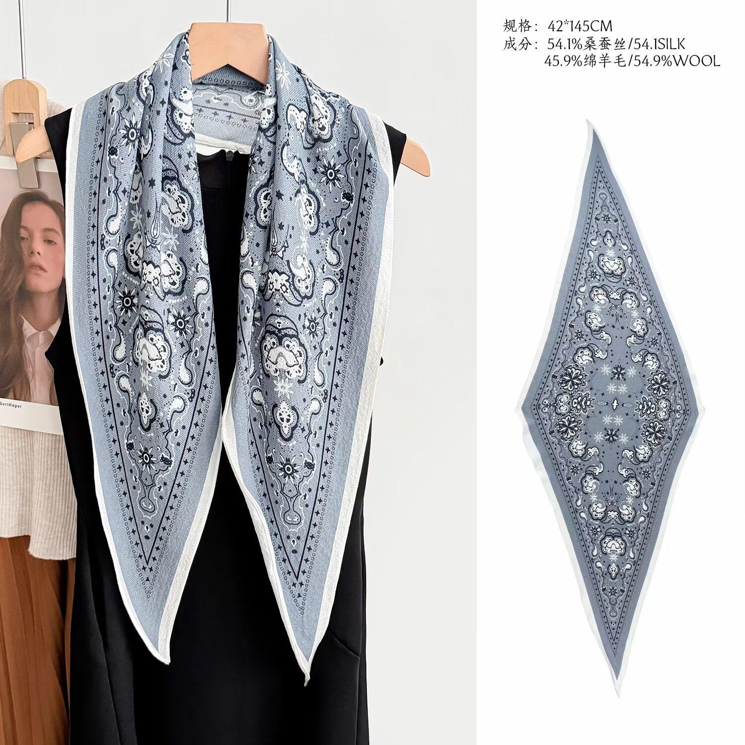 Spring and summer new silk wool rhombus scarf women s light luxury high-grade mulberry silk wool blended silk scarf versatile shawl 42*145