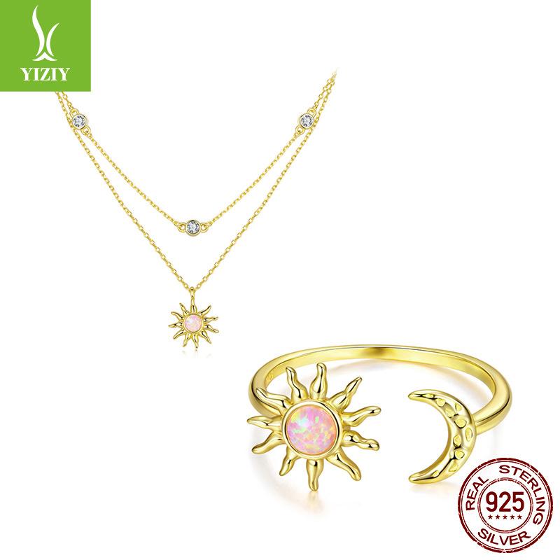Opal Sun Moon Double Necklace Ring Set, Bohemian S925 Sterling Silver Collarbone Chain