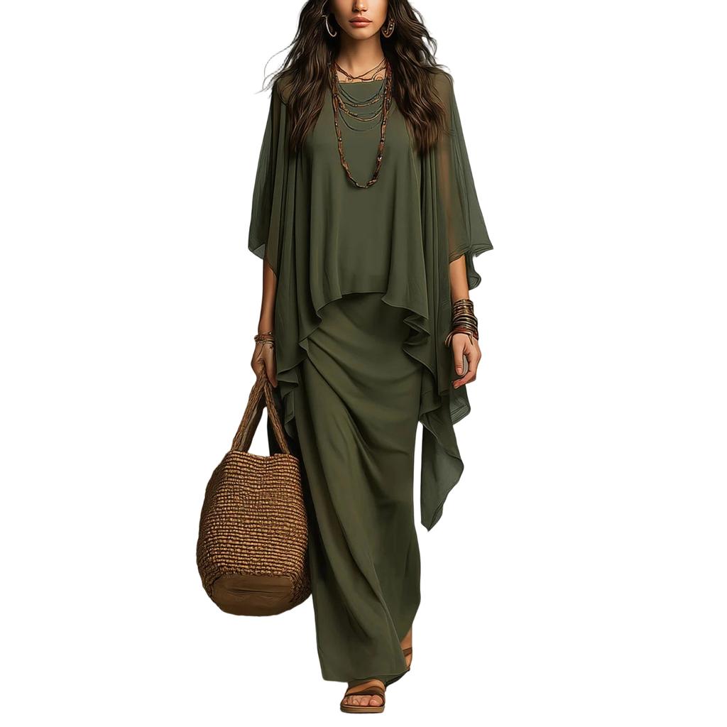Women's Chiffon Two Piece Maxi Dress Set with Shawl Wrap for Summer Vacation