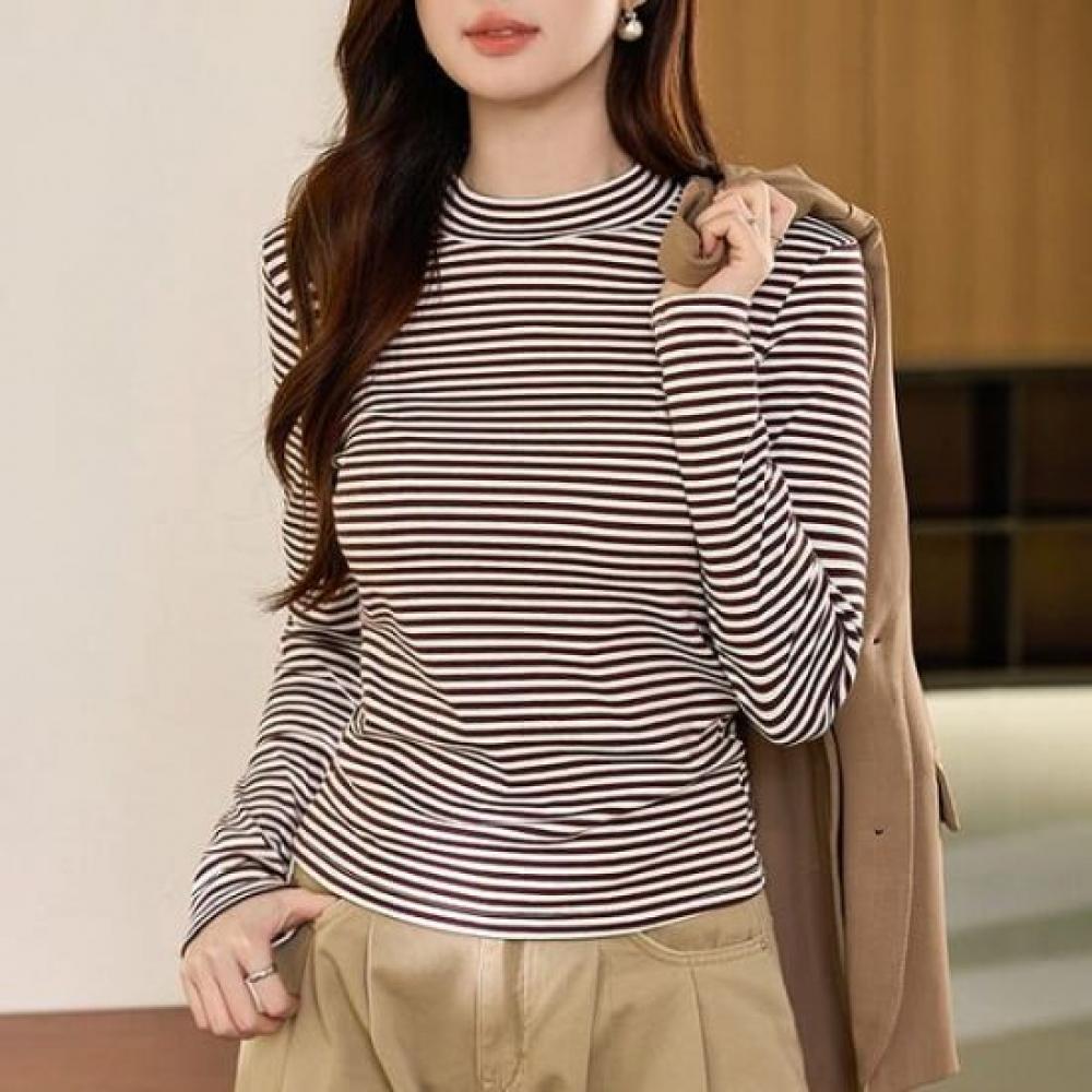 Navava Women S STripe Half Polo Long Sleeve T ShirT nT3001