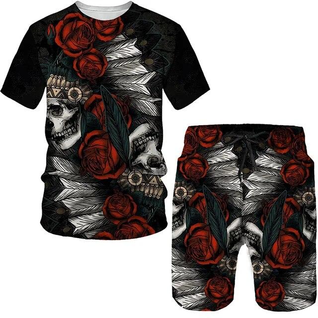 Summer 2 Piece Outfits Sets Tshirt and Shorts Tracksuit Men's Oversized Cloth Streetswear Vintage Skull Gothic 3D Print Men Sets
