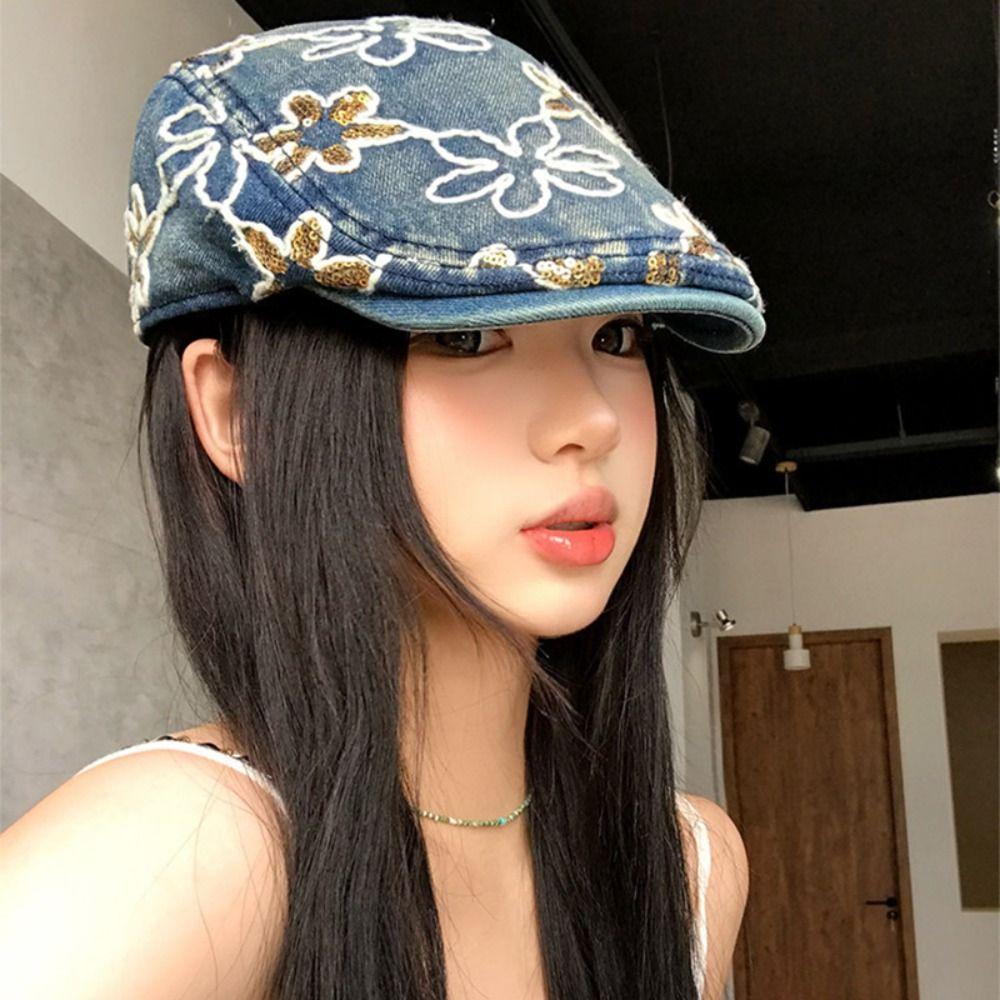Y2k Denim Forward Cap Ethnic Style Sequin Newsboy Cap Embroidery Flower Forward Hat  Outdoor
