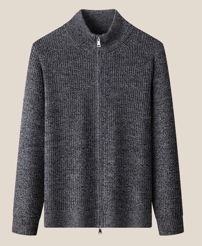 Men's Thick Rice Stitch Wool Cardigan, Zipper Stand Collar, Warm Autumn/Winter Sweater