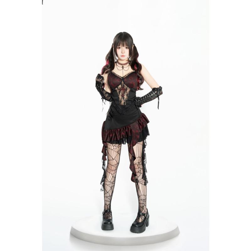 

Новый темно-готический черный и красный кружевной костюм с юбкой на подтяжках женская одежда L