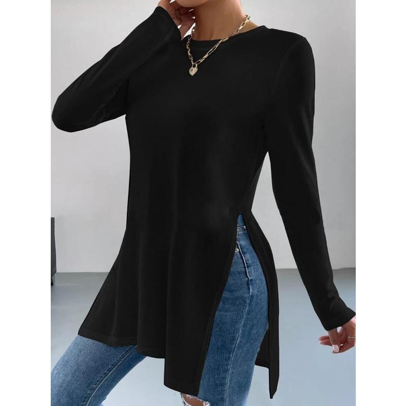 

IHUASU Women s Fashion Casual Solid Color Print Long Sleeve O-Neck Blouses & Shirts International design S чёрный