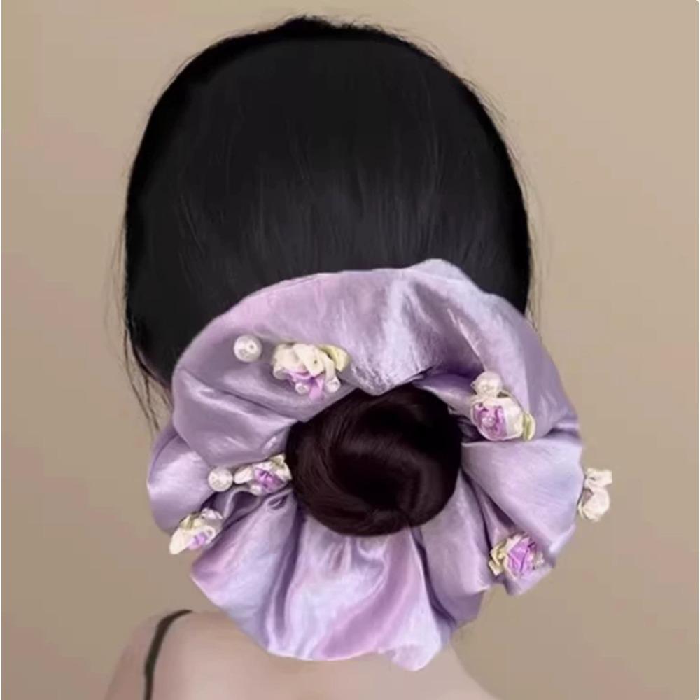 1Piece French Sweet Flower Large Intestine Scrunchie High-End, Korean Satin Rose Hair Rope Low Ponytail Rope Headdress