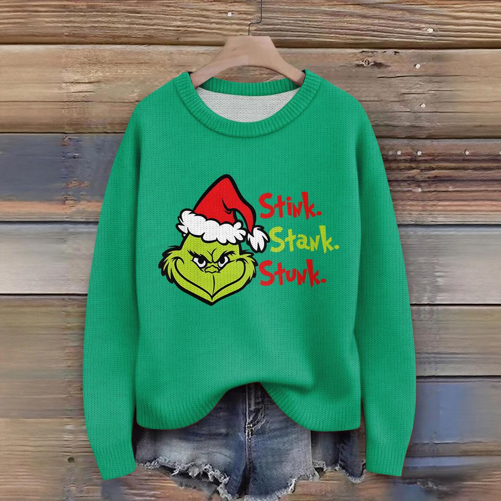 Women's Christmas Print Cardigan Long Sleeve Round Neck Knit Top