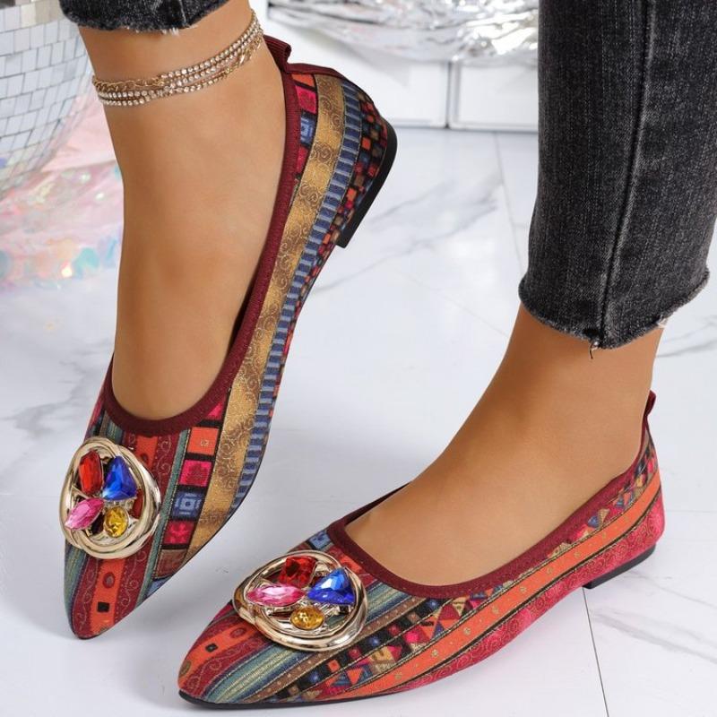 Damen Mittelgröße Metallschnalle Niedriger Absatz Graffiti Spitzschuh Tiefe Ausschnitte Ballerinas Retro Römischer Stil Neue Herbstschuhe
