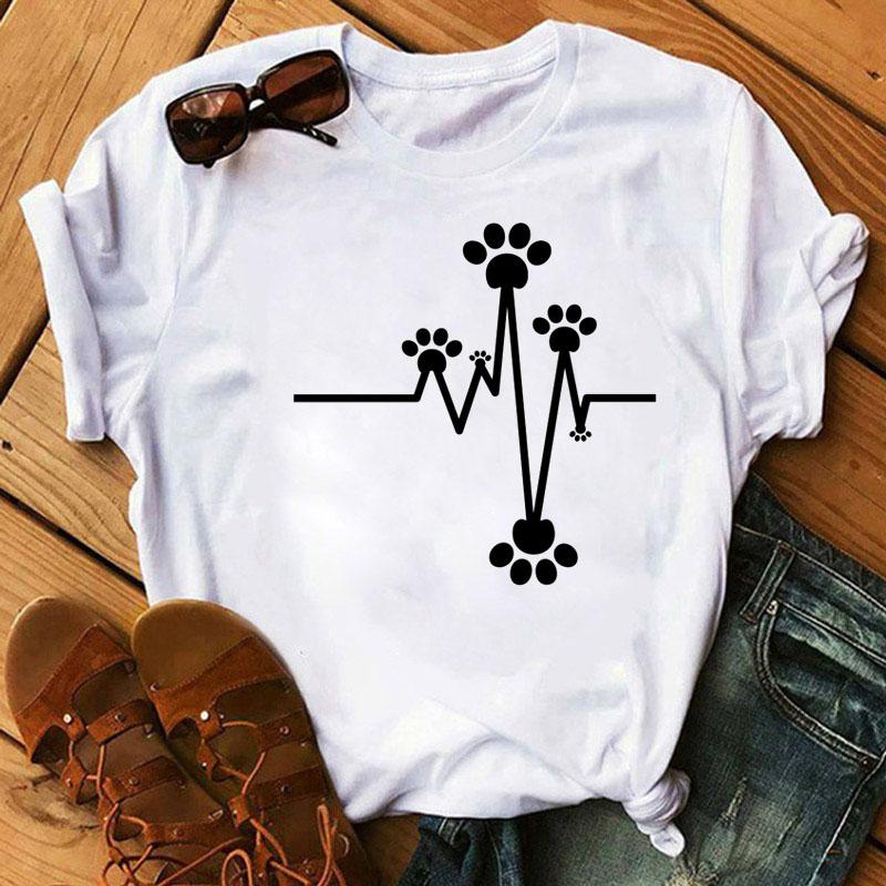 Fashion Women T-Shirt Cartoon Tee Shirts Watercolor Heart Dog Paw T Shirt Harajuku Tops Tee Short Sleeve Cute Female Tshirts Tee