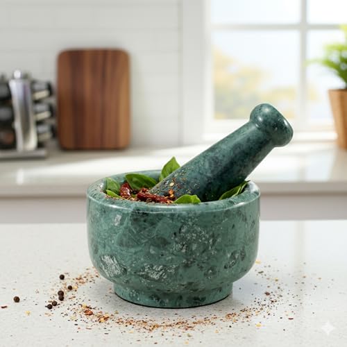 KLEO 5" Diameter Natural Stone Marble Mortar and Pestle Set Spice Grinder, Medicine Masher (Green)