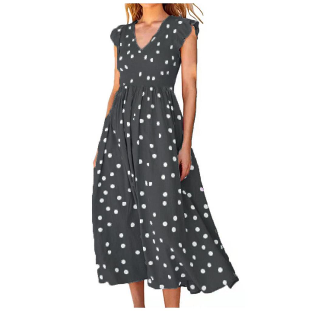 Moda Donna Primavera Estate Scollo a V Vita Orlo Ampio Abito Stampa a Pois