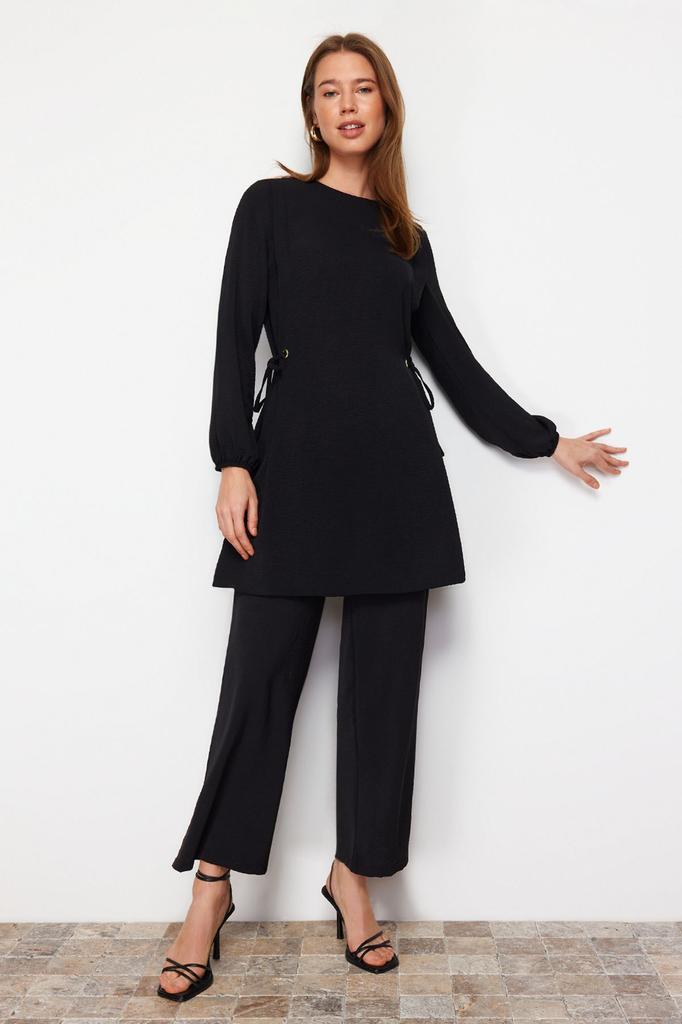 Women's Fashion Black Eyelet Tie Detailed Aerobin Tunic-Pants Set