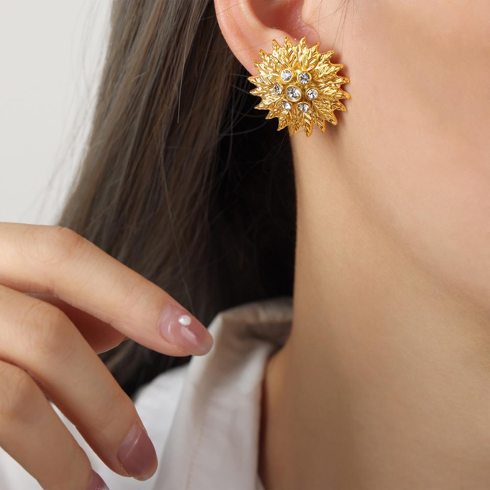 Zircon Sun-Leaf Texture Earrings: Unique Titanium Steel Design