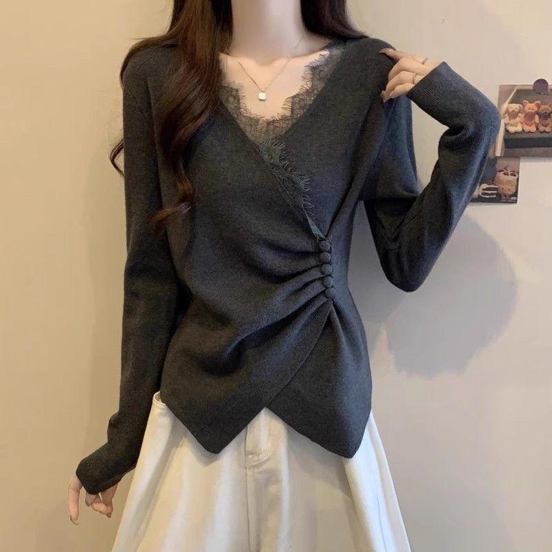 Casual T Shirt For Women With Lace Collage And Deep V Neck In Soft Fabric For Office Wear