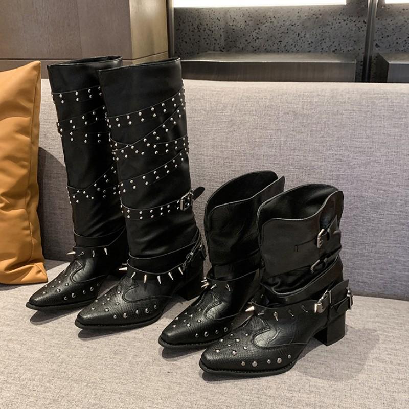 Fashion Pointed Toe Booties 2025 Fall New Block Heel Studded Metal Belt Buckle Non-Slip Wear-Resistant Block Heel Stack Boots