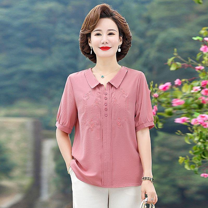 New Summer Embroidered Three-quarter Sleeve Shirt Middle-aged Mothers T-shirts, Fashionable and Light Tops