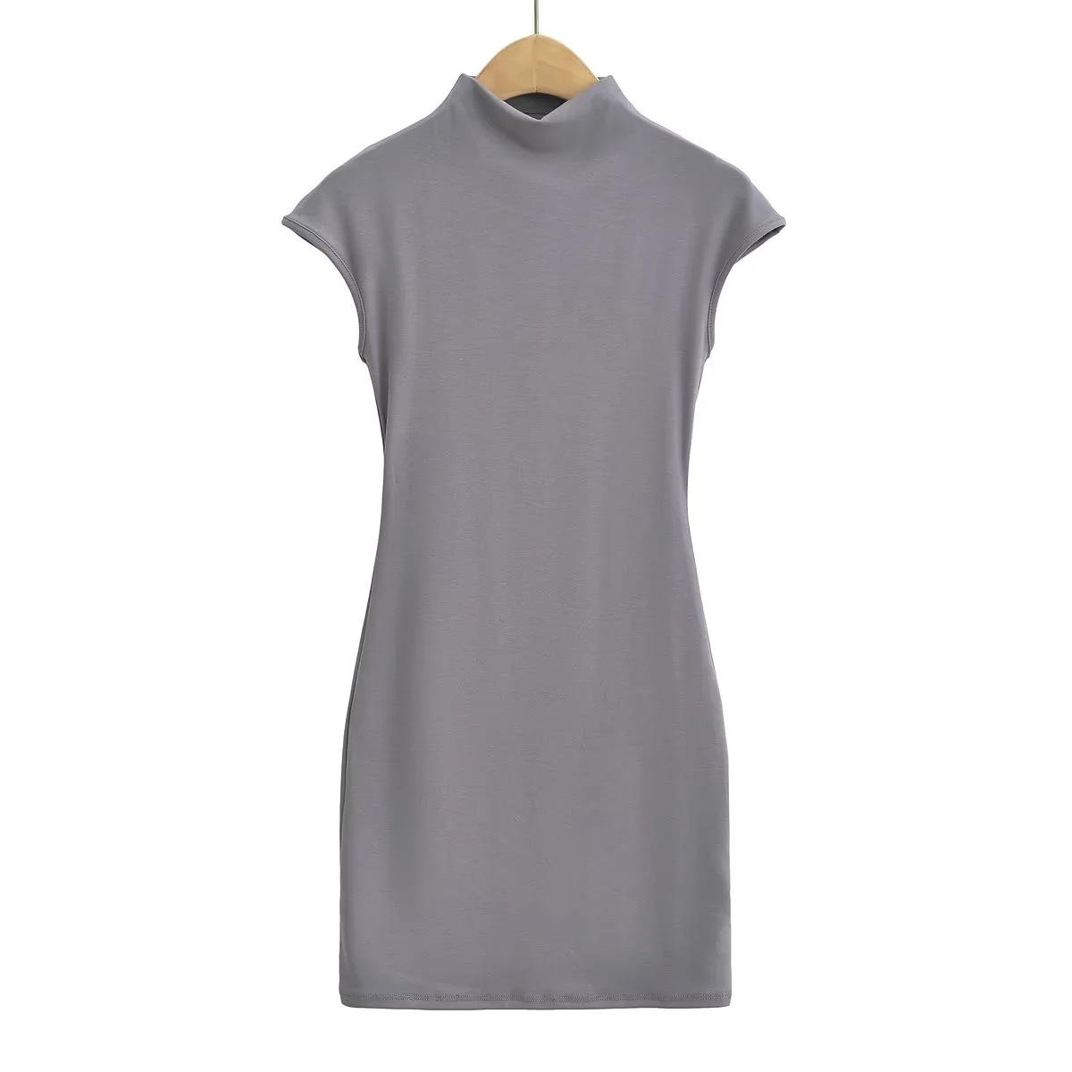 

Платье с короткими рукавами и полувысоким воротом 2025 года, женская новая однотонная облегающая юбка с сумкой на бедрах, облегающая короткая юбка M серый