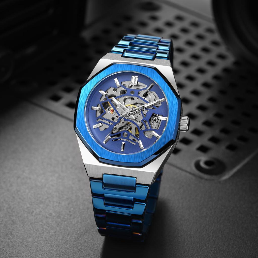 BOLYTE Men's Mechanical Automatic Watch with Octagonal Case and Stainless Steel Band, Skeleton Design, Silver Blue, Classic Design