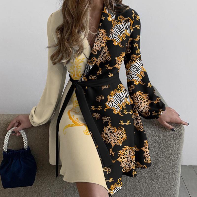Womens Elegant Wrap-Style Colorblock Tie-Waist Dress With V-Neck Long Sleeve Asymmetrical Hem