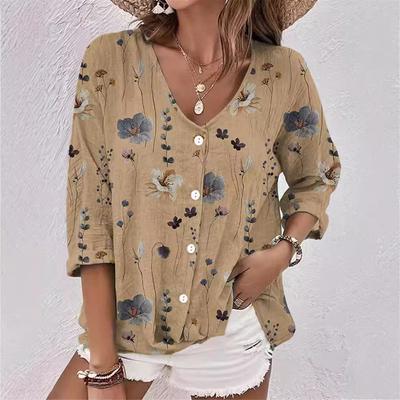 Modna damska koszula wiosenno-jesienna z długim rękawem, dekoltem w serek, luźna, codzienna, z nadrukiem, kardigan, top z długim rękawem