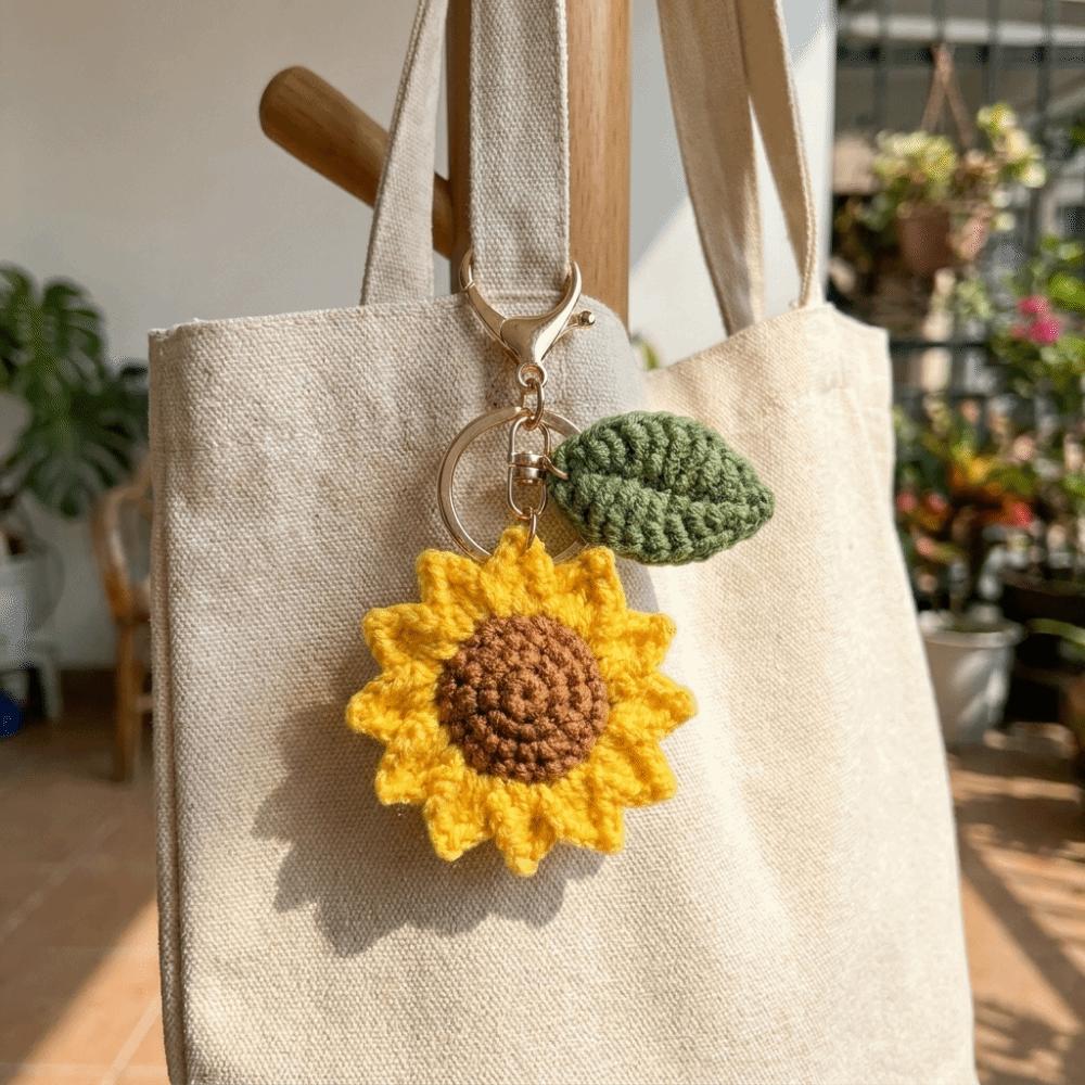 Cotton Crochet Sunflower Pendant Fabric Bag Lanyard Charm Cute Knitted Keychain Daily