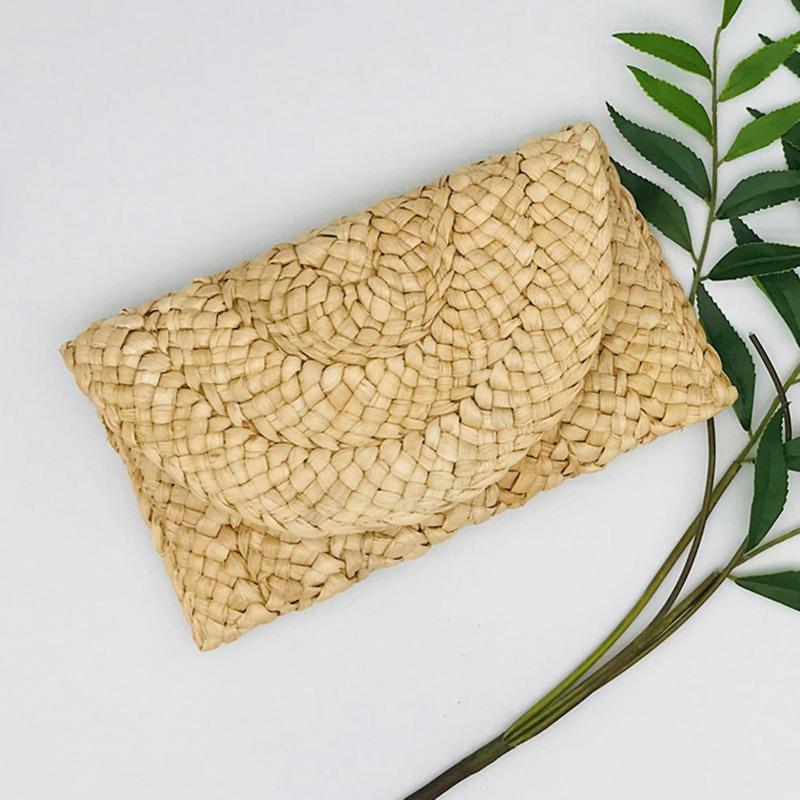 Stroh-Clutch Handgefertigt Gewebt Einfarbig Lässig Große Kapazität Geschenk Sommer Frauen Mädchen Stroh Umschlag Handytasche Täglicher Gebrauch