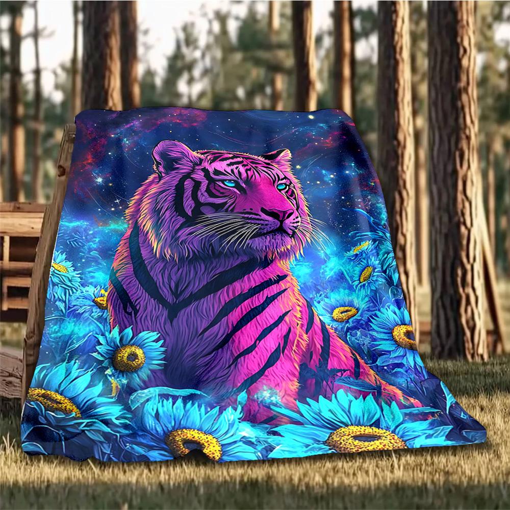 1pc Tiger Fantasy Flowers Throw Blanket Polyester Fiber, Lightweight Flannel, Soft & Warm, All Season Use for Outdoor, Camping Digital Print
