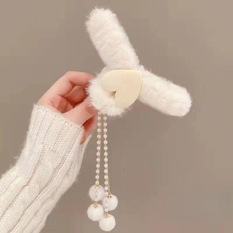 Plush Bow Tassel Grab Clip Furry Hairpin Female Back Head Hair Clip Shark Clip Autumn and Winter Hairpin Headdress