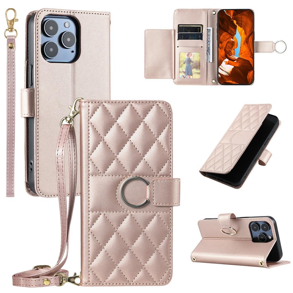 For iPhone 15 Pro Crossbody Leather Case Ring Buckle Wallet Stand Rhombus Mobile Cover
