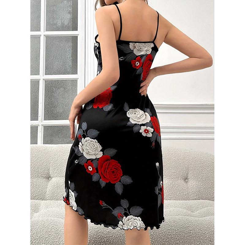 2025 Rose Print Women's Elegant Midi Sling Nightgown