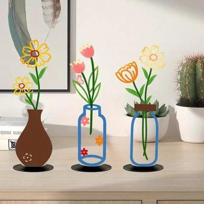 Metall-Blumenkunst mit Vase Minimalistisch 2D Eisen Blumiger Tischschmuck für Wohnzimmer Schlafzimmer Küche Heimbüro Bauernhaus Dekor Einweihungsgeschenke