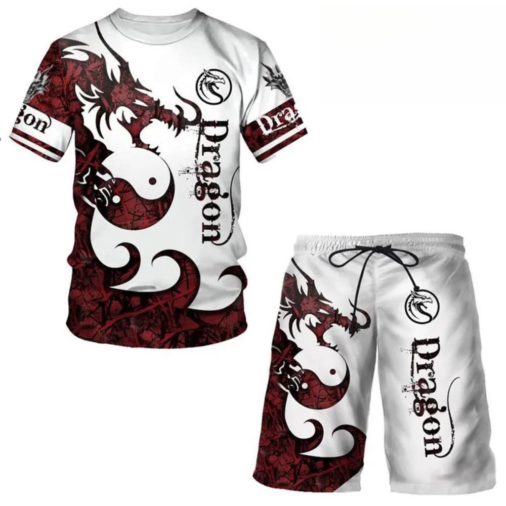Summer Round Neck 3D Animal Printed Set Fashionable and Casual Short Sleeved Shorts Men's Sport Wear
