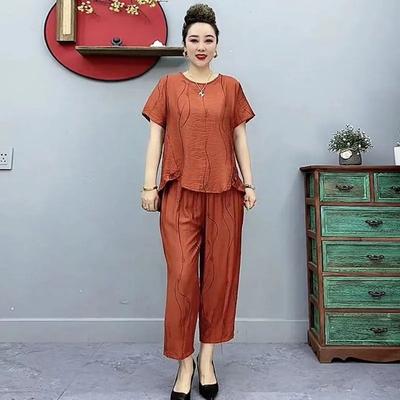 Costumes d'été en coton et lin pour femmes d'âge moyen T-shirts amples à manches courtes style étranger Mode décontractée pour mères d'âge moyen