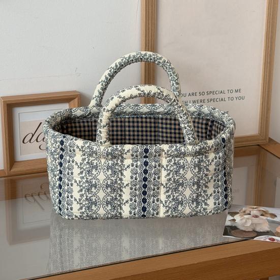 Quilted Handbag with Built-in Handle Vine Pattern Compact Size Foldable Plant Pot Organizer Cosmetics