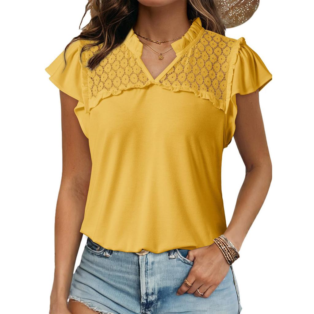 Women's Casual V-Neck Pleated Patchwork Lace-Trimmed Short-Sleeve Top With Hollow Ruffles