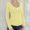 Spring Autumn Slim Fit V-neck Knitted T-shirt Women Buttons Long Sleeved Shirt Solid Color Simple Office Tops Elegant Fashion Casual Women's Clothing