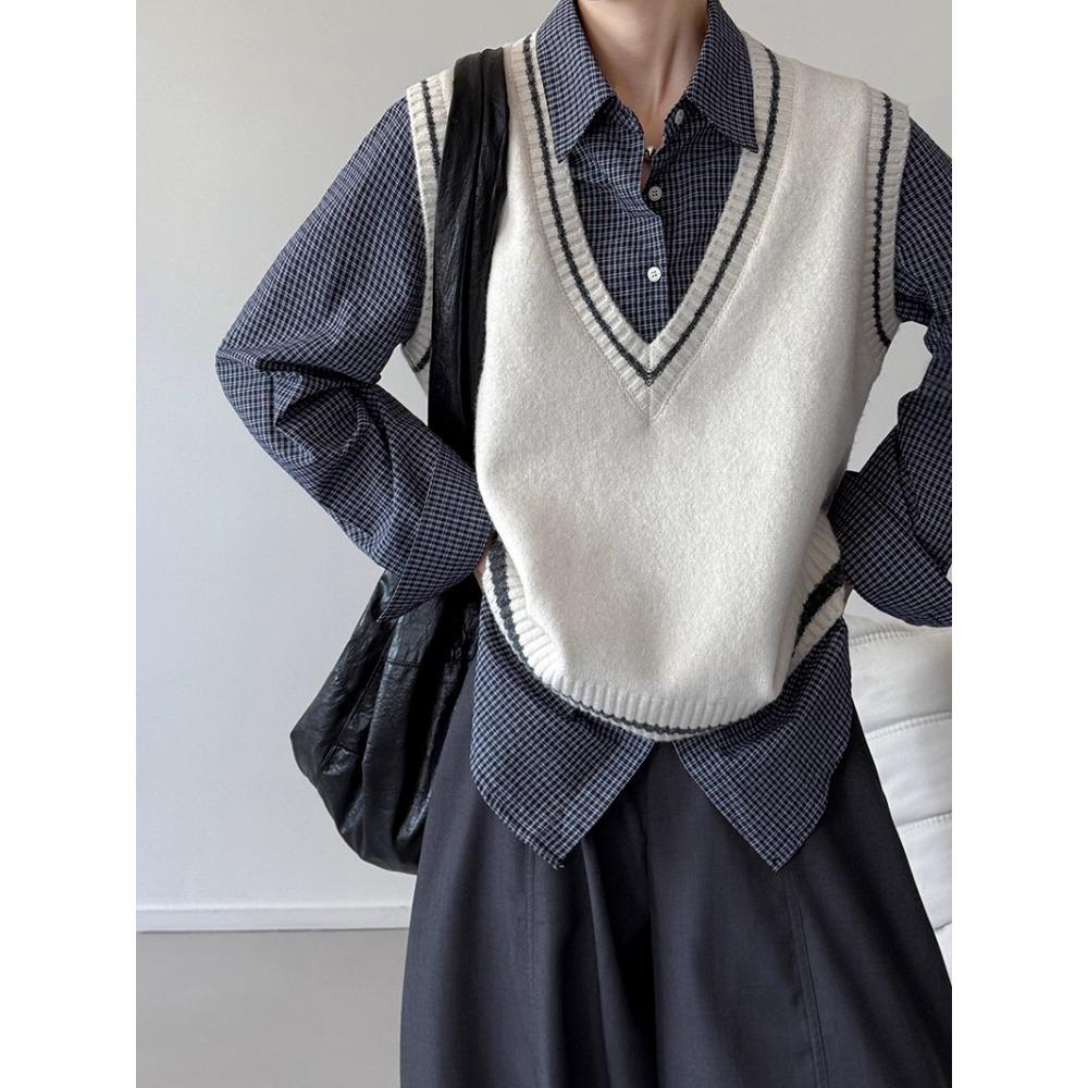 DIMANAF 2025 Plus Size Sweaters Vest Autumn Women Solid V-Neck Sweaters Knitting Loose Grey Beige Sweater