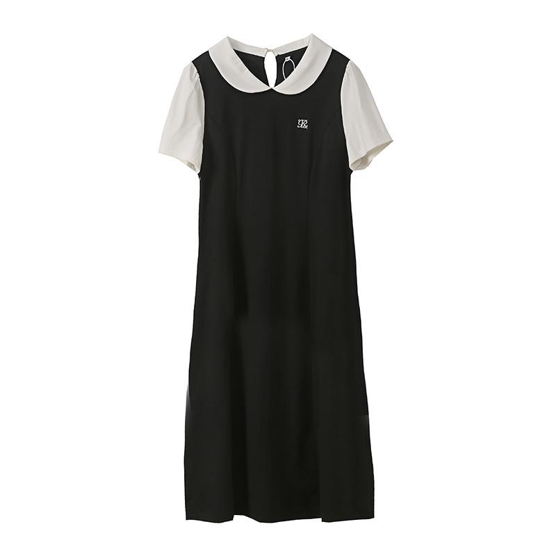 Large Size Women's Clothing Long and Short Contrasting Color Dress, Summer New Waist and Thin Small Black Dress 252498