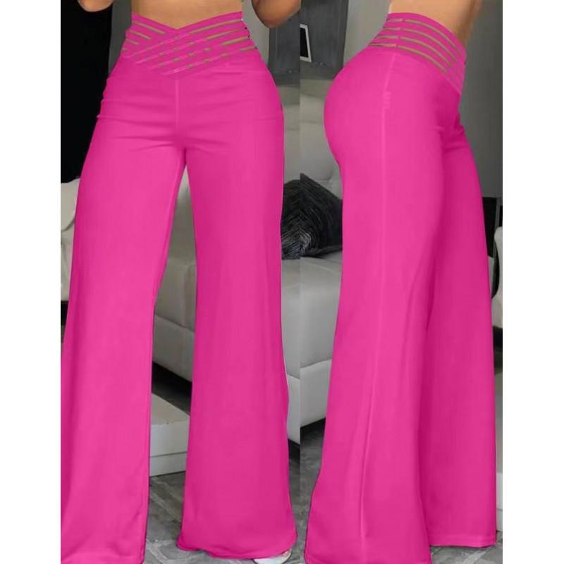 Womens High-Waisted Wide-Leg Pants With Cutout Waistband Casual Office Trousers Stretchy Loose Fit