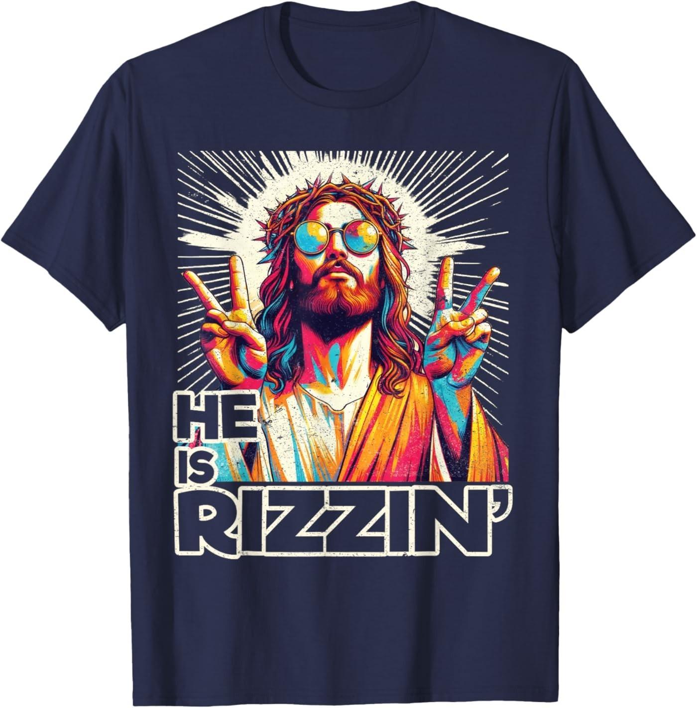Retro He is Rizzin Funny Jesus Has Rizzen Easter Christian T-Shirt S