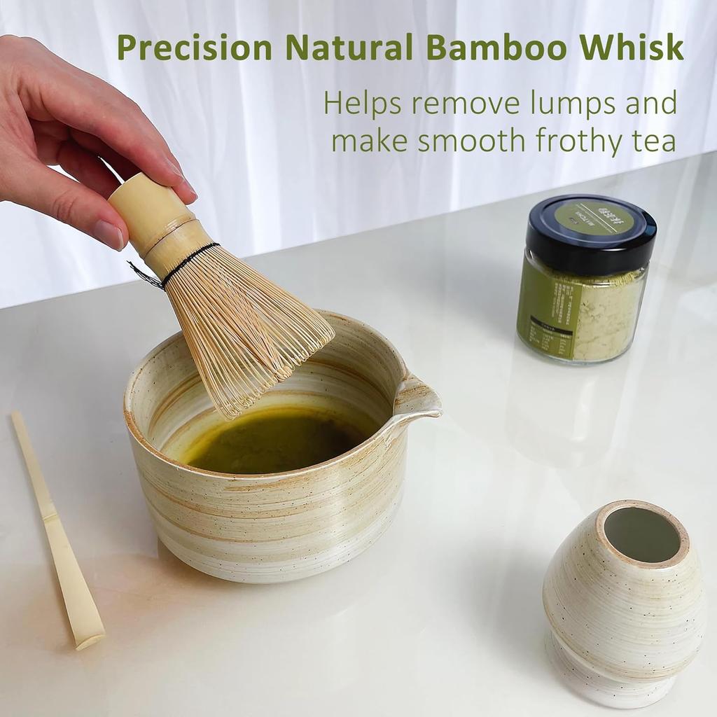 4pcs Matcha Set, Japanese Matcha Kit, Matcha Whisk Set with 17oz Matcha Bowl with Spout, Whisk Holder & Bamboo Scoop, Matcha Tea Set, Matcha Starter