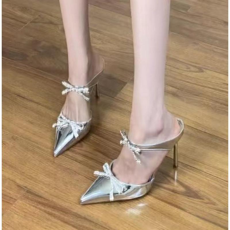 Spring New Pointed Toe Women Slipper Butterfly-knot Shallow Slip on Ladies Mules Shoes Thin High Slides Zapatos Mujer