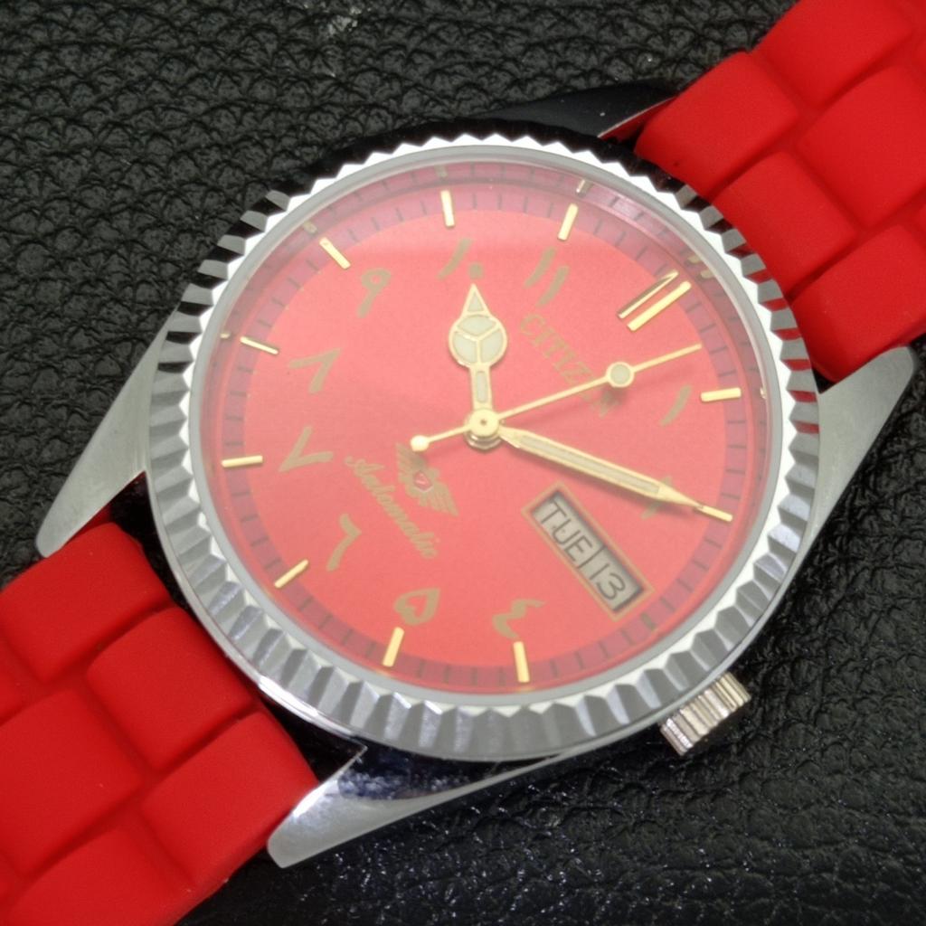 REFURBISHED JAPAN CITIZEN AUTOMATIC 8200 MENS DAY&DATE RED DIAL WATCH a432225-2 R110-a432225