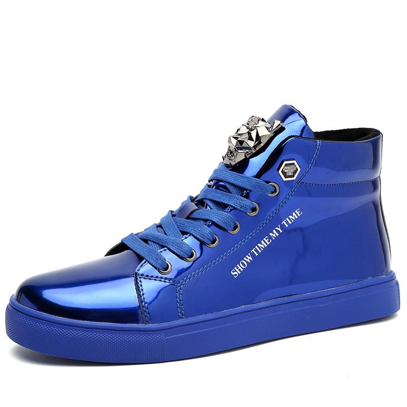 Luxury Blue High Top Sneakers Men Skateboard Shoes Big Size 47 Patent Leather Man Sneakers Platform Non-Slip Men's Casual Shoes