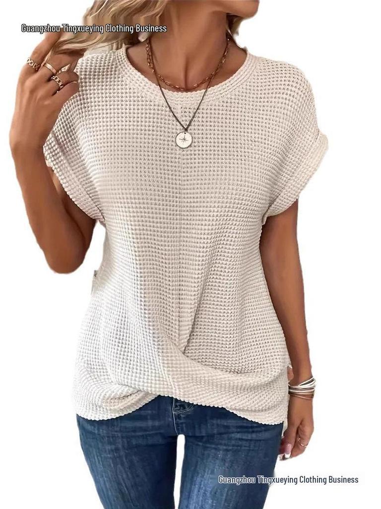 2026 Spring/Summer Women's Solid Color Round Neck T-shirt with Elegant Twisted Hem