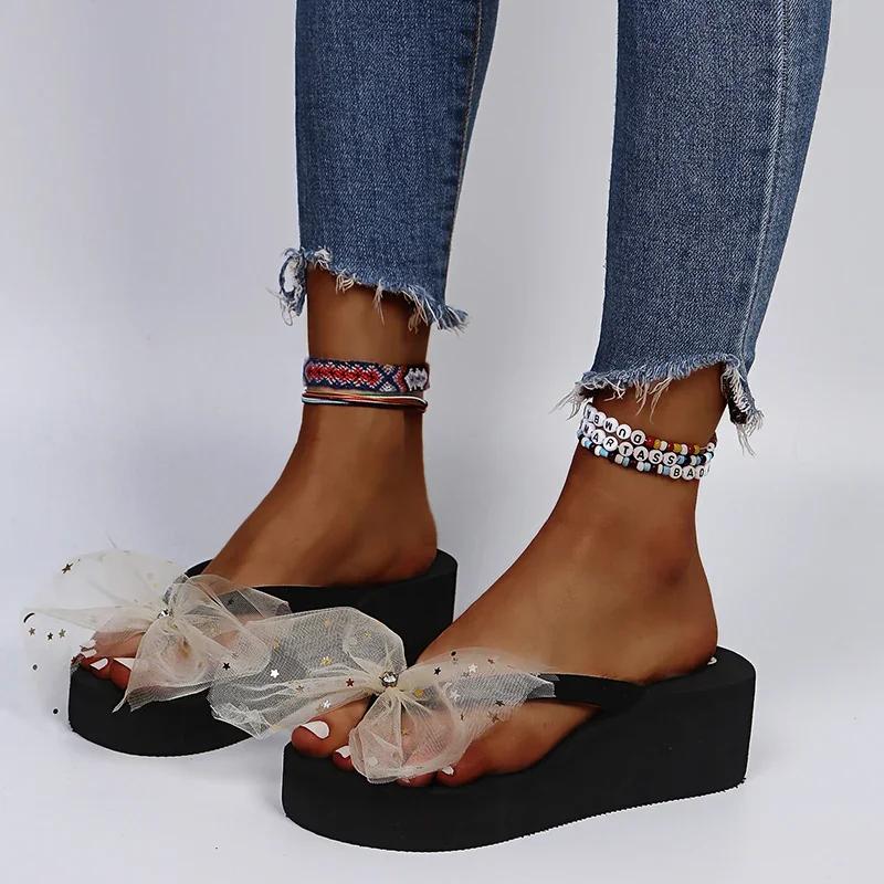 Fashion Summer Colorful Mesh Bowknot Flip Flops for Women Star Sequins Wedges Clip Toe Sandals Woman Lightweight Platform Beach Slippers