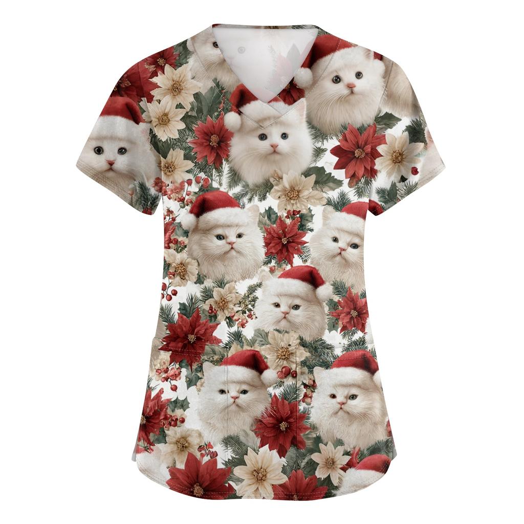 Women's V-neck Christmas printed short-sleeved pocket side-slit protective suit top