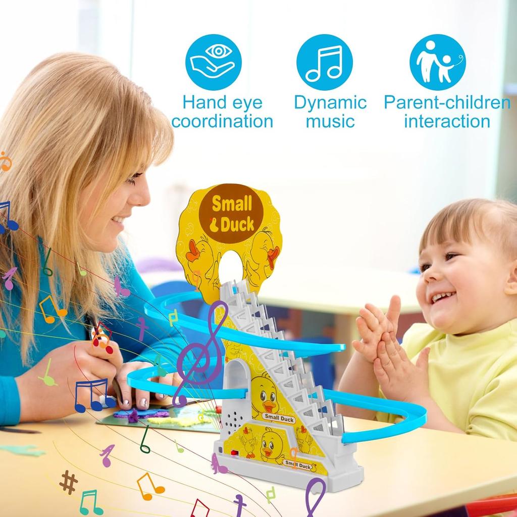 Small Duck Climbing Stairs Toy Kids Roller Coaster Toy Electric Duck Stair Climbing Toy with Music and Battery for Children (9 Ducks)