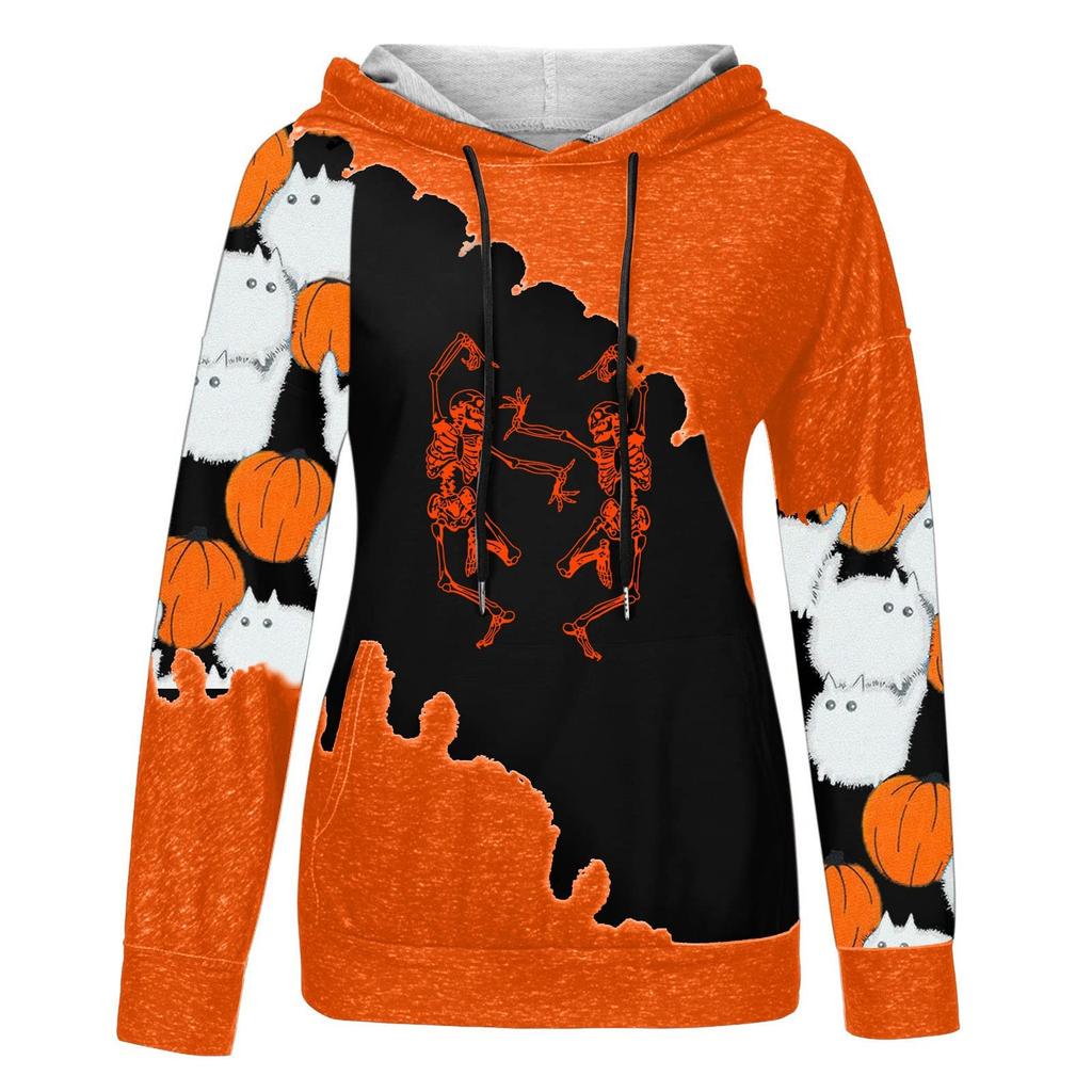 Women's Casual Fashion 2022 Halloween Print Long Sleeve Pullover Hooded Top